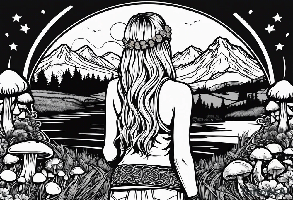 Whole picture encircled fully

Straight long blonde hair hippie girl in distance holding mushrooms in hand facing away toward mountains and creek surrounded by mushrooms long sleeve shirt and hiking pants; whole rendering within a full celtic circle, no cut off circle tattoo idea