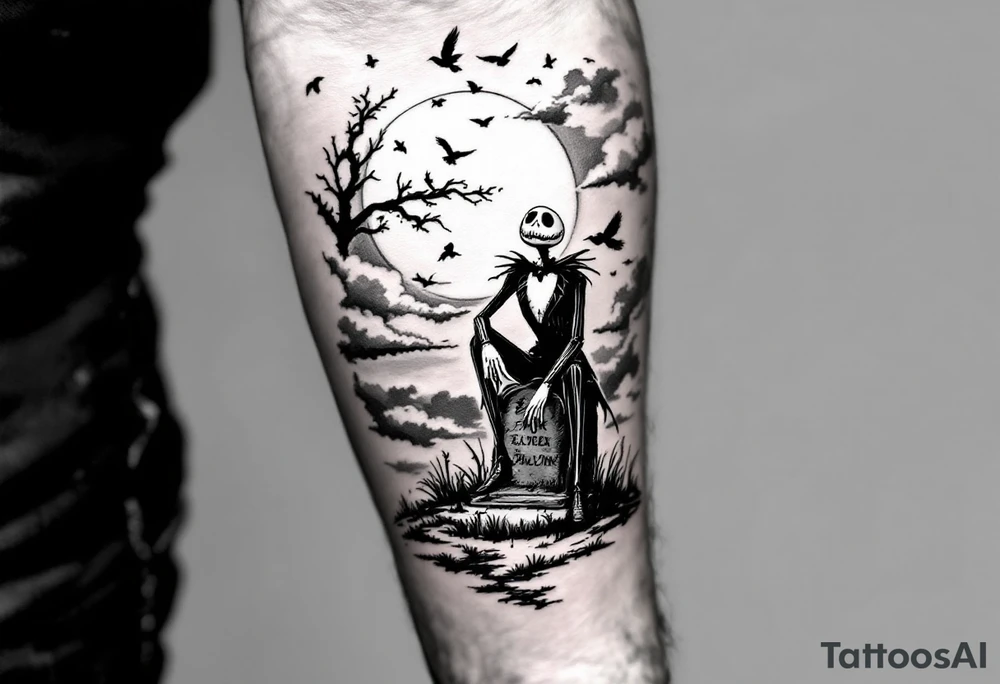 jack skellington sitting on tombstone, birds, clouds tattoo idea jack skellington sitting on tombstone, birds, clouds tattoo idea