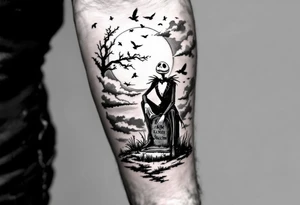 jack skellington sitting on tombstone, birds, clouds tattoo idea