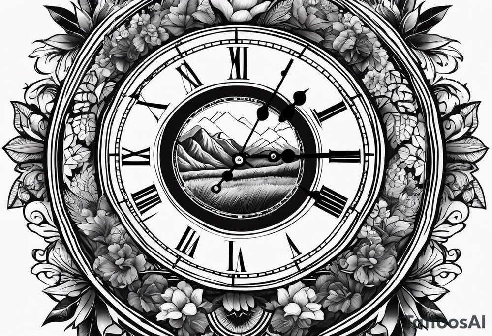 clock with landscape tattoo idea