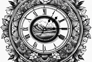 clock with landscape tattoo idea