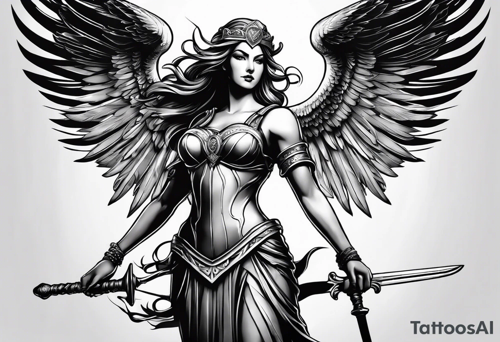 Nemesis, the goddess of justice, standing with sword and scale tattoo idea