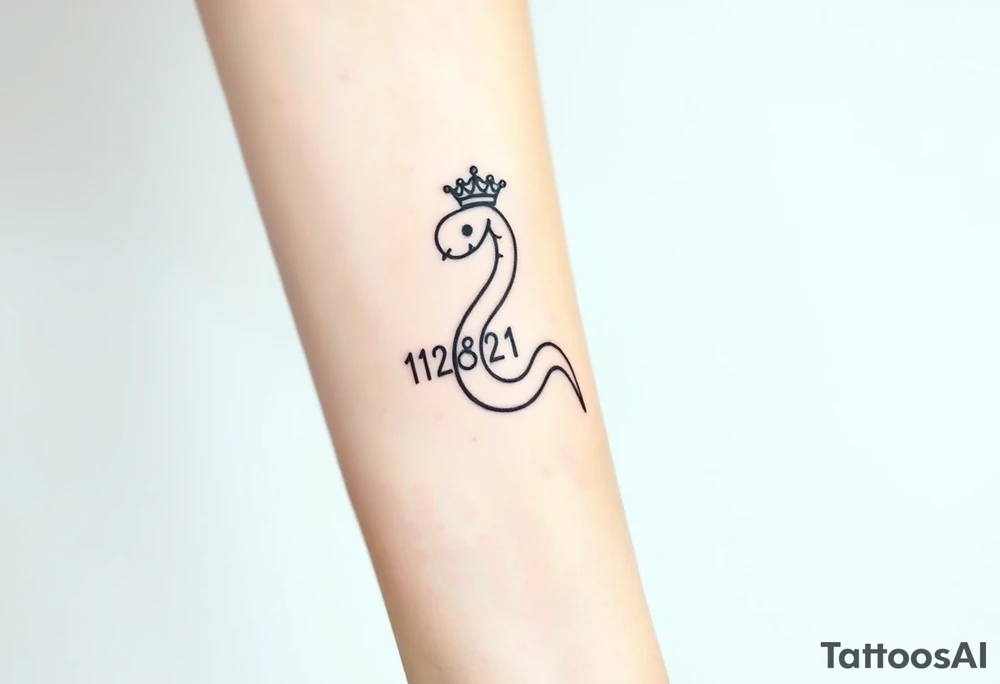 I want a small simple silhouette lines black and white wrist princess like girl snake tattoo that has number 12821 on its body along and also I want it to represent feminine energy crown queen Cycle tattoo idea