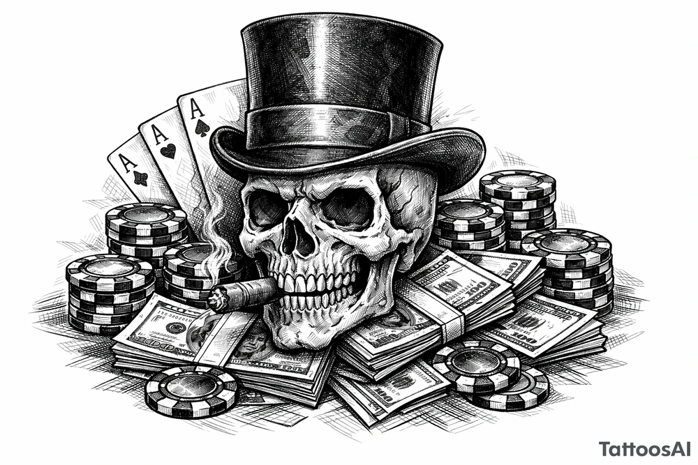 skull with cigar in his mouth,top-hat surrounded by poker-chips,paying cards and money. tattoo idea