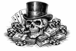 skull with cigar in his mouth,top-hat surrounded by poker-chips,paying cards and money. tattoo idea