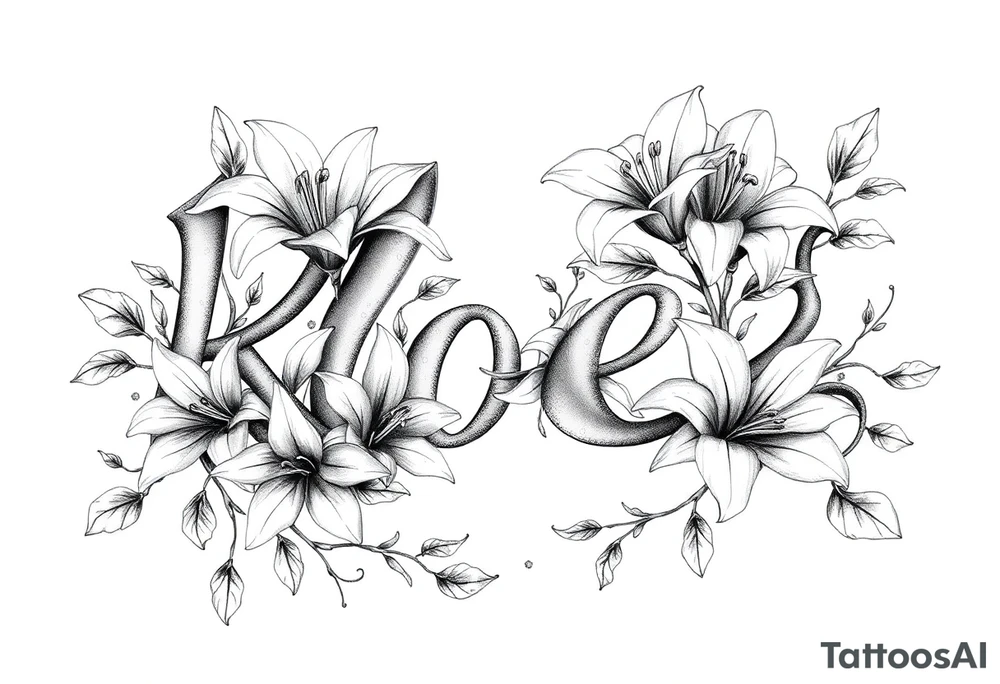 The word Kloee surrounded by big
lilies with the vines in letters tattoo idea