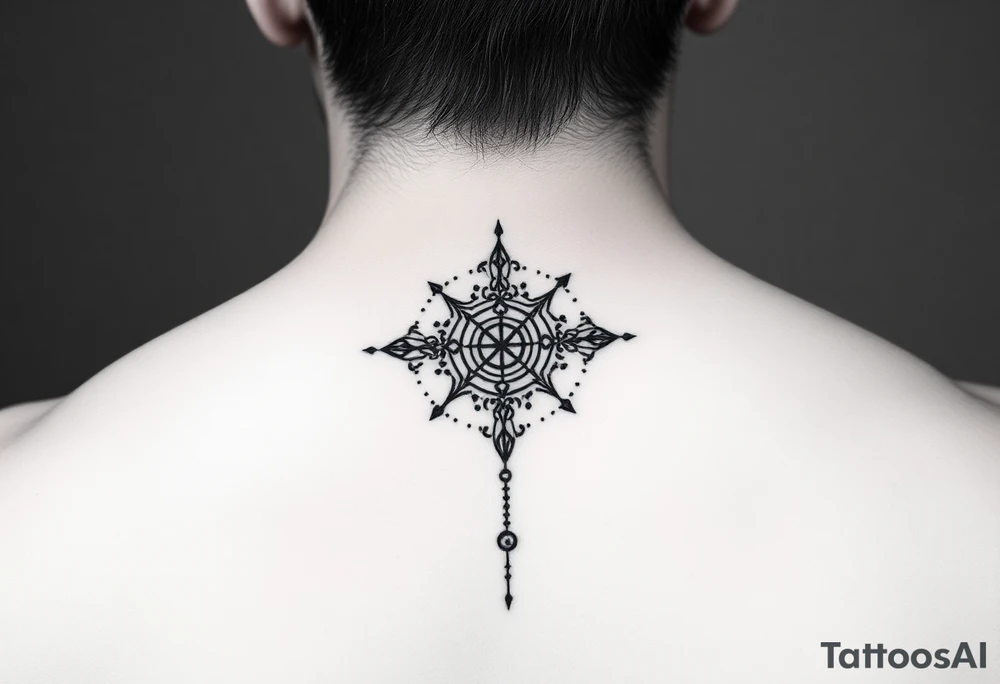 Minimalist style tattoo with oranental design with symbolism and dot work tattoo idea