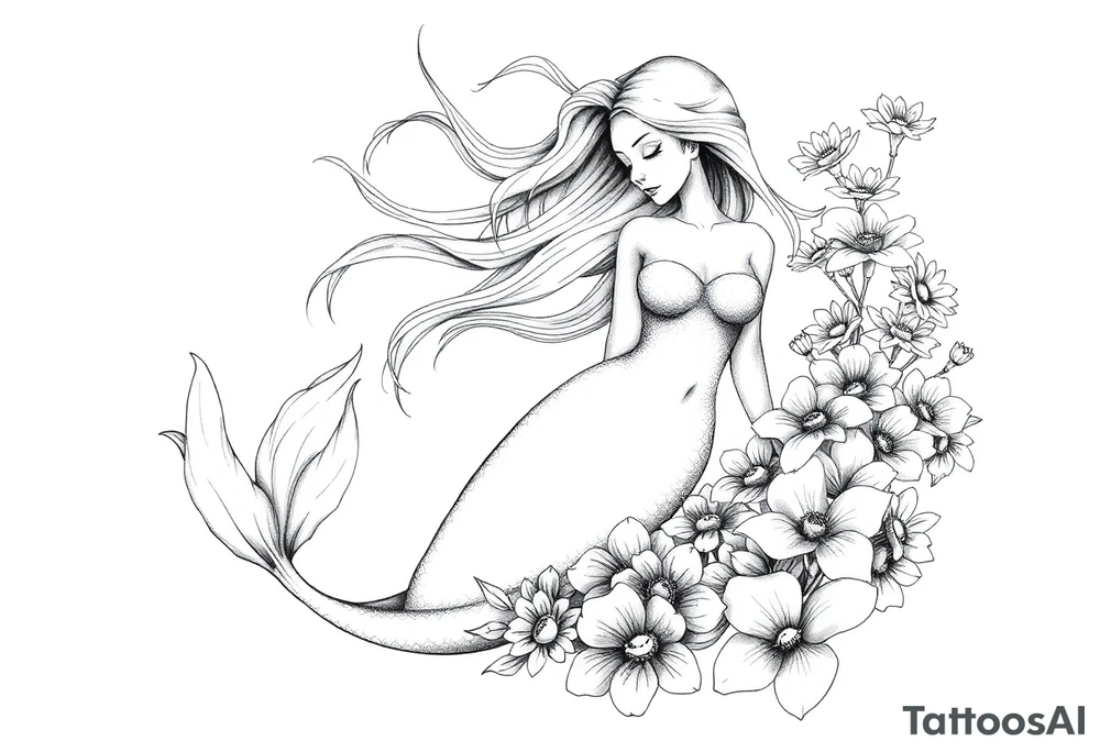 ethereal mermaid with flowing hair among coral and sea flowers tattoo idea