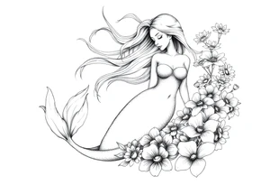 ethereal mermaid with flowing hair among coral and sea flowers tattoo idea
