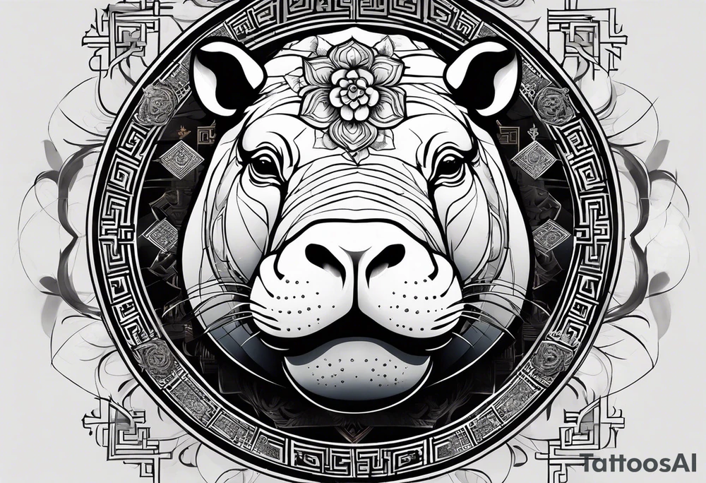 Very asymmetrical, +geometric pattern, with realistic full moon, with serious looking hippo, +zen feel, + Buddhism touch, +tribal, +geometric, +chinese inkart 
with wintersweet flower bud, +portrait orientation, +inkart touch, tattoo idea