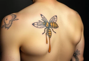 steampunk design of honeycomb with bee and dripping honey on the upper arm tattoo idea