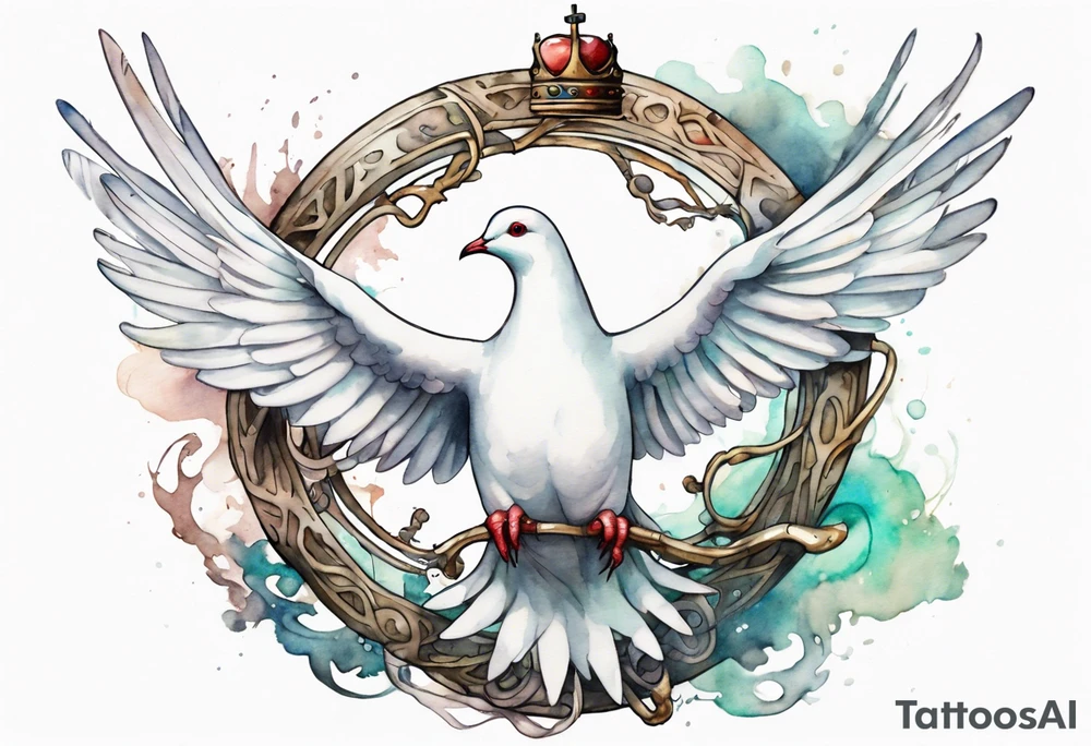 a white dove-serpent hybrid, holding an iron crown tattoo idea