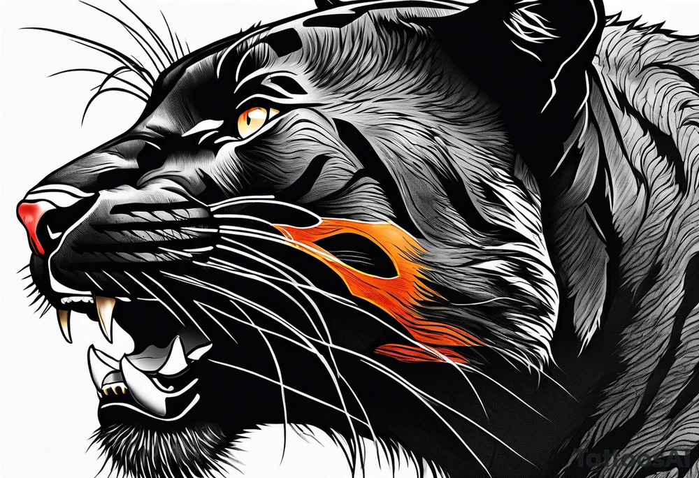 Slight side angle of Facial facing left of an angry black panther animal with red-orange eyes tattoo idea