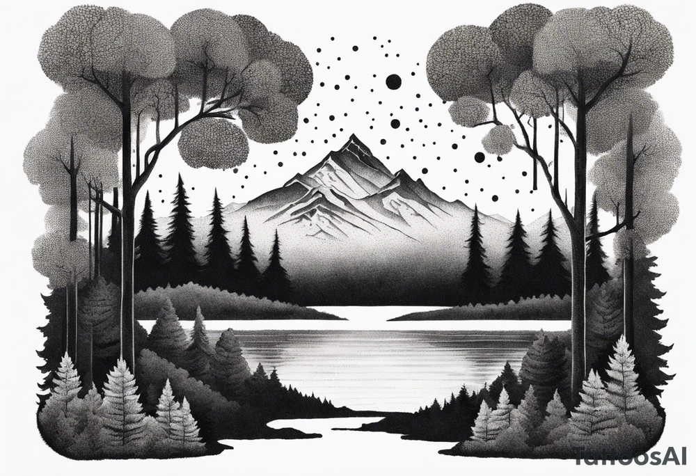 a forest along the edges where the mountains burn below and in the distance with full trees and emptiness in the middle tattoo idea