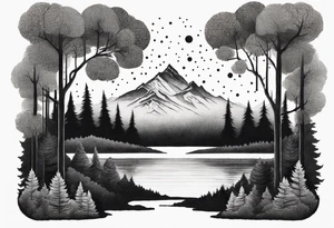 a forest along the edges where the mountains burn below and in the distance with full trees and emptiness in the middle tattoo idea