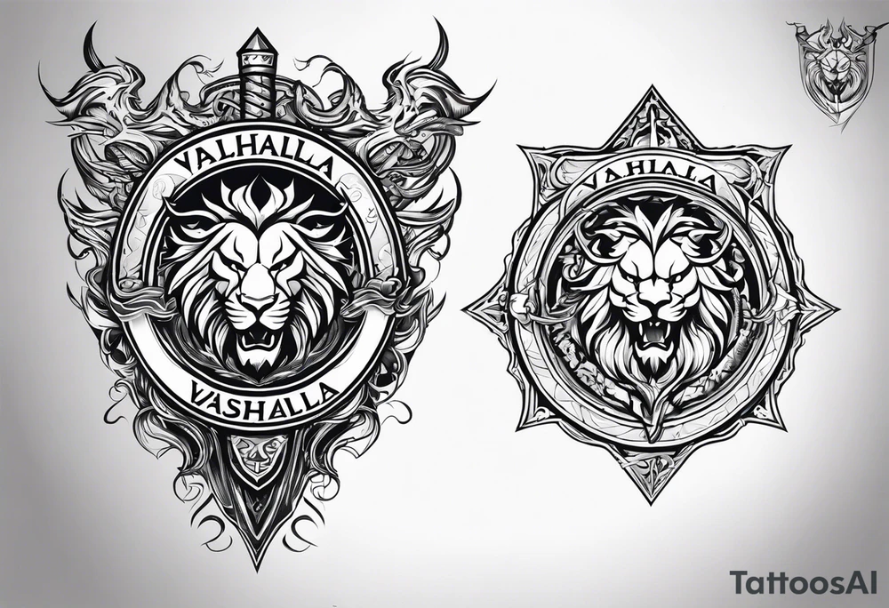 Valhalla shield sword lion dragon tattoo idea