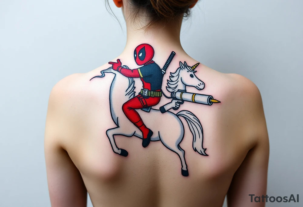 Deadpool riding unicorn pointing rocket propelled grenade launcher tattoo idea