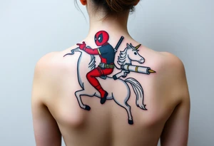 Deadpool riding unicorn pointing rocket propelled grenade launcher tattoo idea