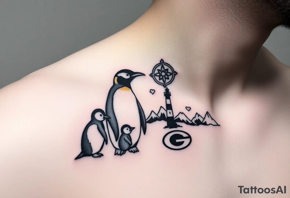 compilation outlining important things in my life such as one adult emperor penguin and 3 baby penguins, celtic trinity knot, lighthouse, mountains/nature, the green bay packers, and something to represent my 3 boys tattoo idea