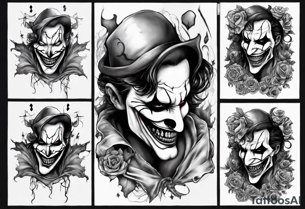 no face joker jangling with 3 sculls tattoo idea