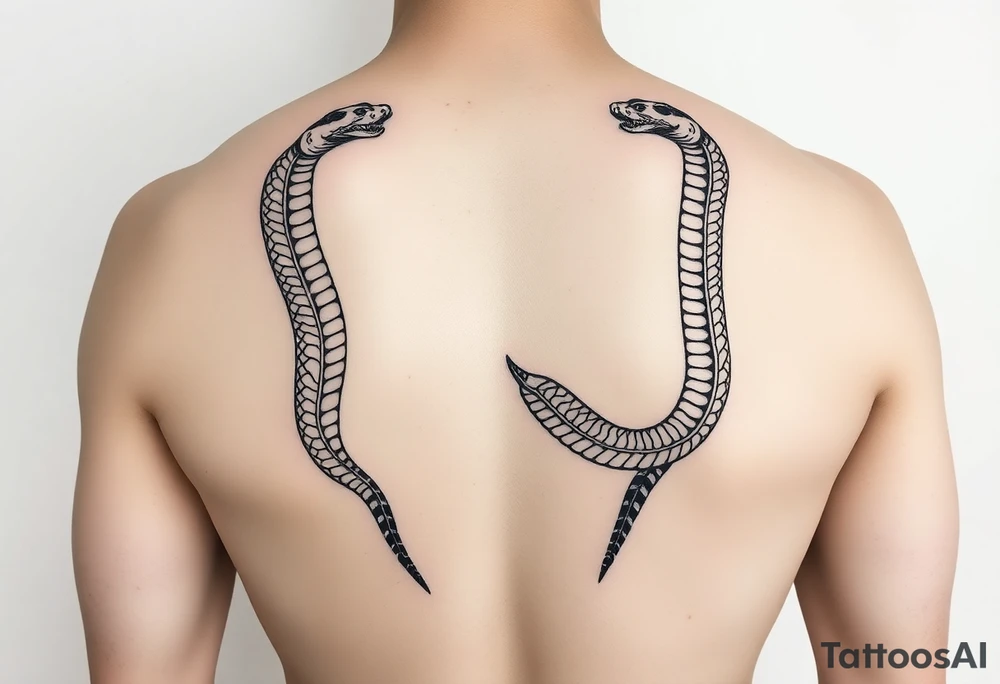 Id like a back tattoo with two snakes.  The illustration should be minimal with "skin-break."  I'd like the tails to be intertwined to accentuate my upper buttocks/upper butt crack, and Id like the snakes to moving upwards to the upper back, with the heads stopping just under my shoulder blades.  Almost like a "V shape" but very organic, like a symmetrical winding road.  Id like the tattoo to be sexy and accentuate my back to make my waist look small.  Black and white. Minimal.  Fine line. Please use a male body type. tattoo idea