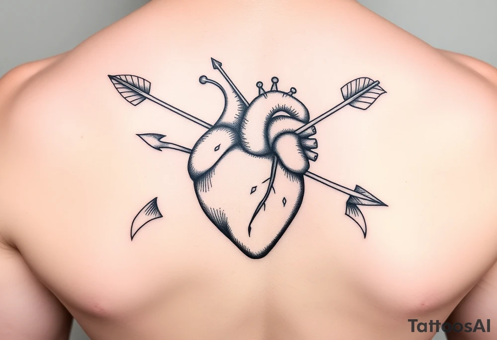 anatomical heart pierced by ornate arrow with flowing ribbons tattoo idea