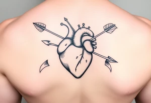 anatomical heart pierced by ornate arrow with flowing ribbons tattoo idea
