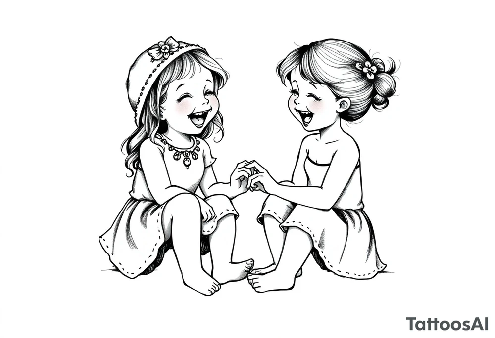 Zwei lachende kleine mädchen sitzen sich gegenüber eine hat einen Dutt die andere einen Zopf und sie berühren sich an den Fußsohlen tattoo idea