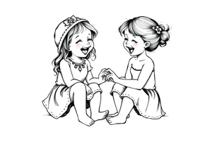 Zwei lachende kleine mädchen sitzen sich gegenüber eine hat einen Dutt die andere einen Zopf und sie berühren sich an den Fußsohlen tattoo idea