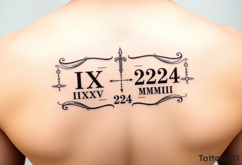 Create tattoo design with equal representation of both Roman numeral dates (IX.IX.MM and II.XXV.MMIII) in a balanced and symmetrical layout, along with the number 224. Let me know if you’d like any modifications! Inside the arm tattoo idea