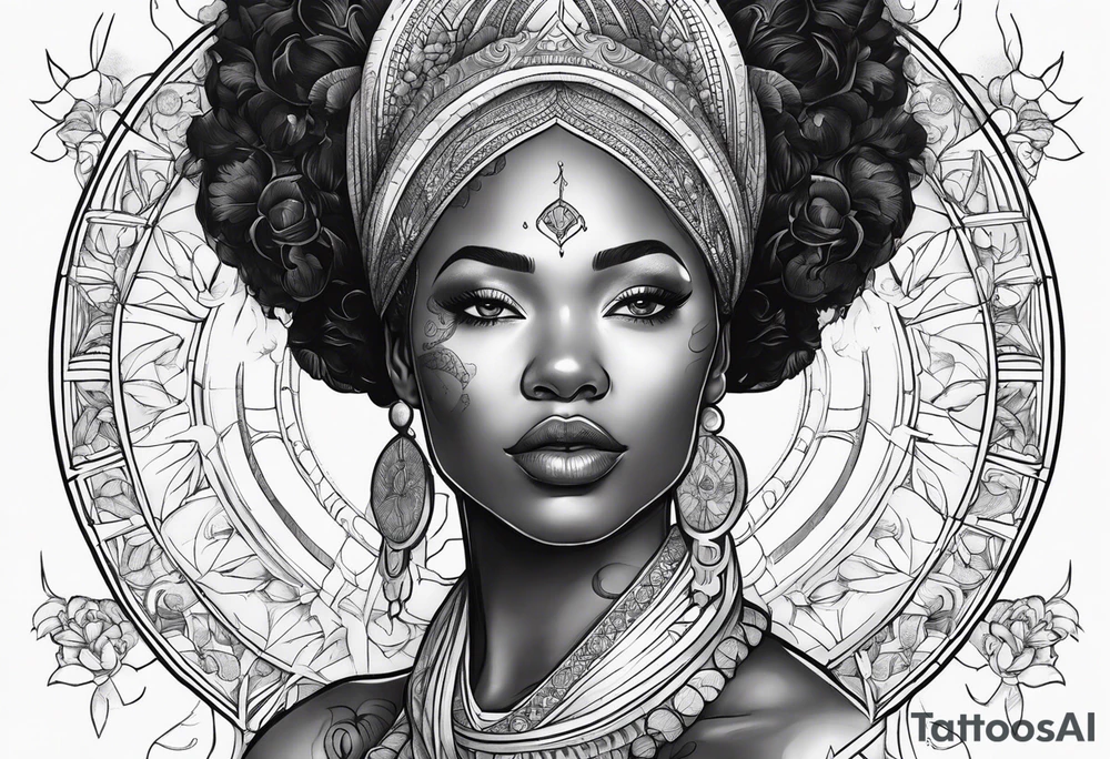 Black woman, enlightenment, wisdom, astronomy, cancer zodiac, natural, full arm tattoo idea