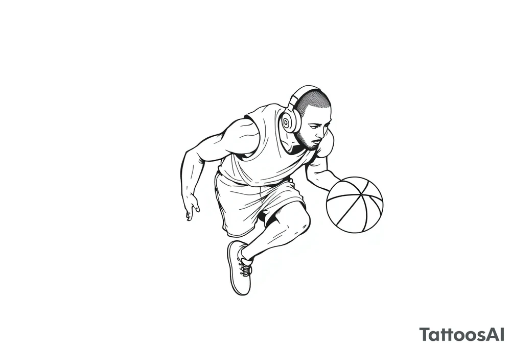 A guy dribbling a basketball with headphones on tattoo idea