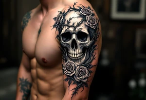 gothic skull intertwined with climbing roses and thorny vines tattoo idea