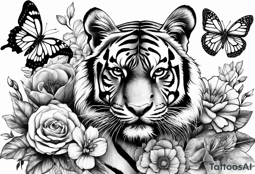 realistic tiger face, 3 butterflies, flowers for ladies thigh / hip shaded tattoo idea