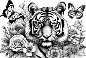 realistic tiger face, 3 butterflies, flowers for ladies thigh / hip shaded tattoo idea