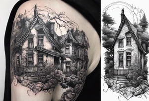 fool sleeve, abandoned old gotic house, broken sword tattoo idea