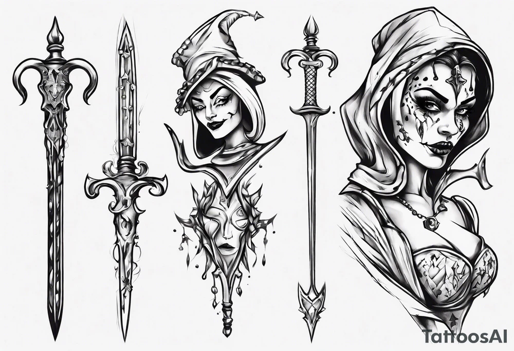 Fantasy female court jester holding sword tattoo idea