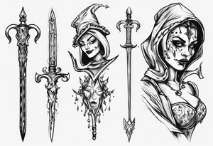 Fantasy female court jester holding sword tattoo idea