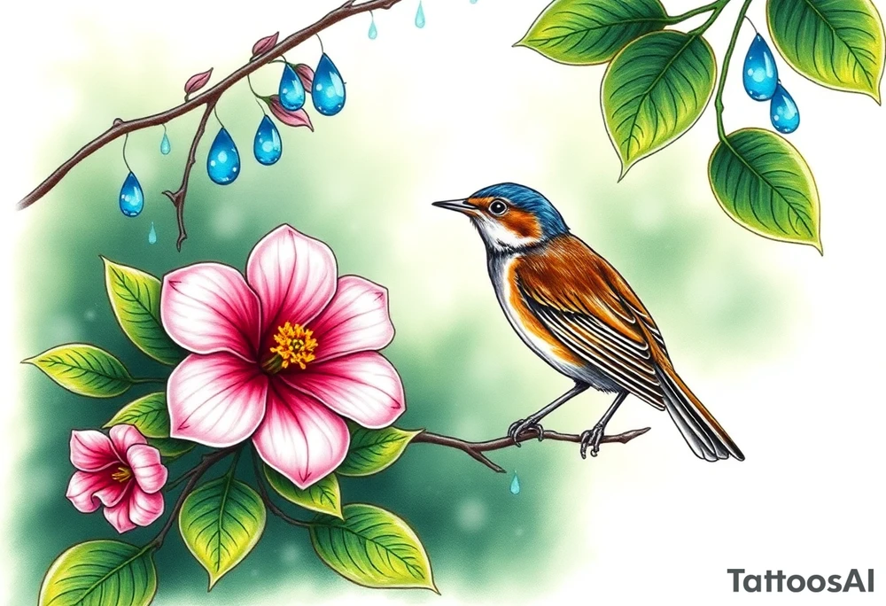 green forest background
blue rain drops
pink camelia flower
blue brown wren bird tattoo idea