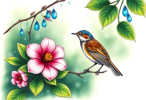 green forest background
blue rain drops
pink camelia flower
blue brown wren bird tattoo idea