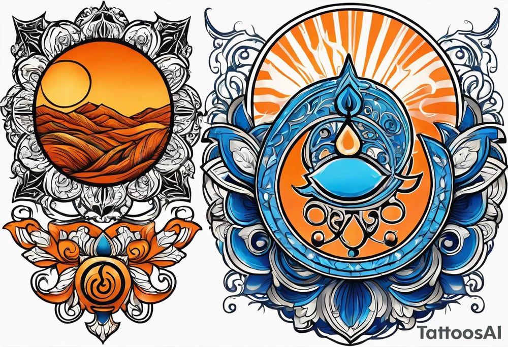 I'd like a tattoo of an orange sun with a blue om symbol superimposed on it. The sun should be behind the ohm symbol. tattoo idea