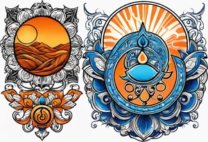 I'd like a tattoo of an orange sun with a blue om symbol superimposed on it. The sun should be behind the ohm symbol. tattoo idea