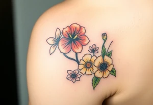 Upper arm and shoulder sleeve
Realistic
Water color
Fine line
Birth flowers for the months of
February 
July
August
October
December
Multi colored tattoo idea