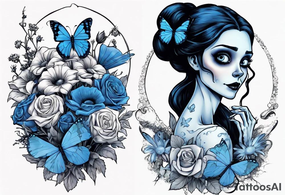 corpse bride Emily holding a bouquet of flowers. one white daisy in the bouquet. one blue butterfly. A full moon on the background. full grown tattoo idea