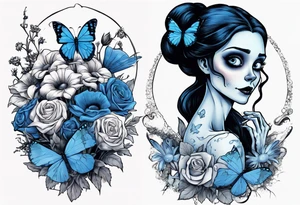 corpse bride Emily holding a bouquet of flowers. one white daisy in the bouquet. one blue butterfly. A full moon on the background. full grown tattoo idea