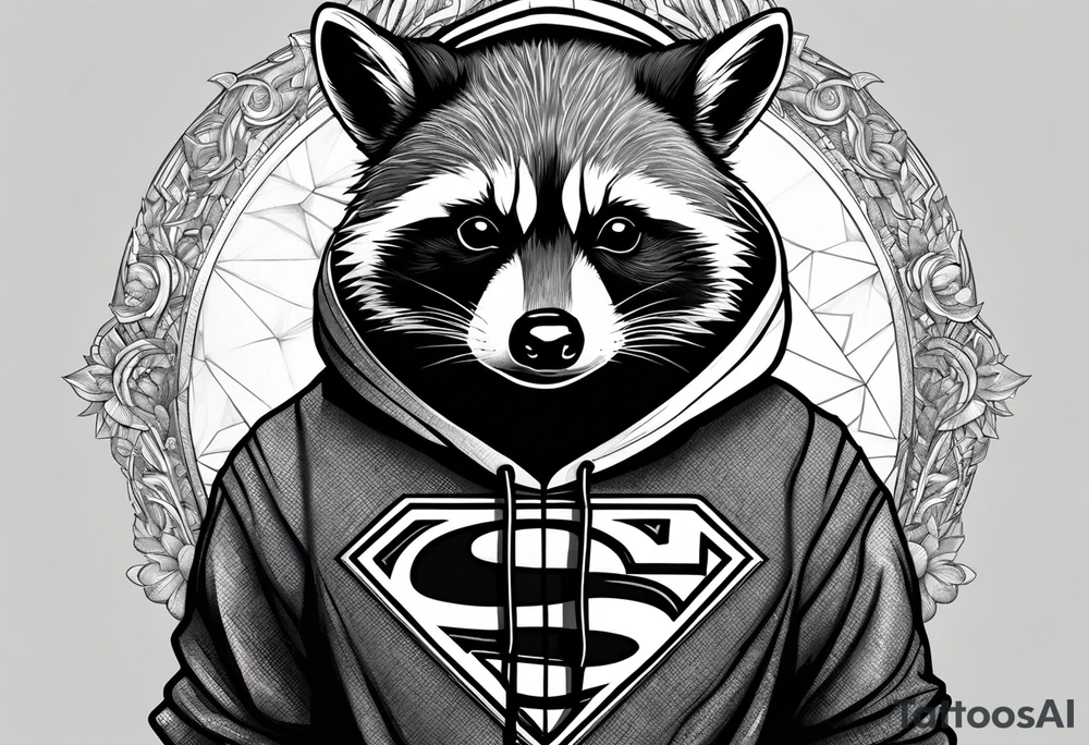 raccoon wearing a Superman hoodie tattoo idea