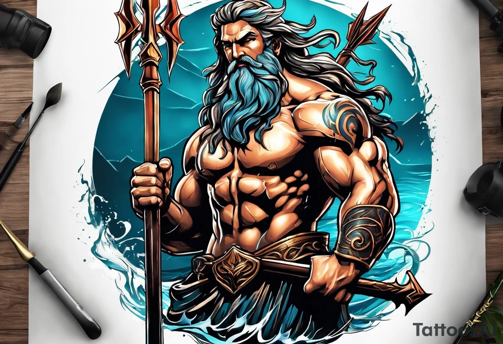 Poseidon with arrows in his back, full of anger and pain kneeling on his knee.
Make it look realistic, muscular and him masculine tattoo idea