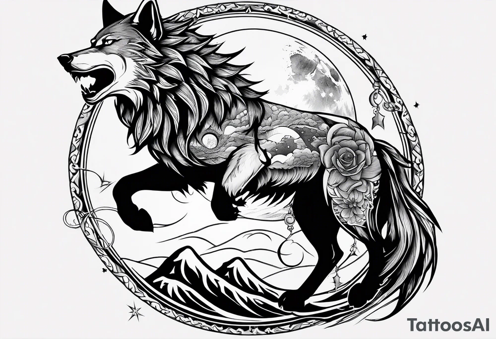 wolf with a dragon above the wolf and lightning and the moon in the background tattoo idea