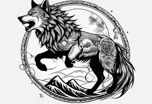 wolf with a dragon above the wolf and lightning and the moon in the background tattoo idea