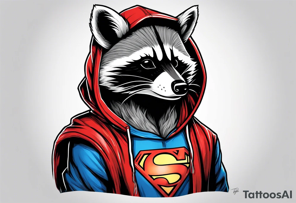 raccoon wearing a Superman hoodie tattoo idea